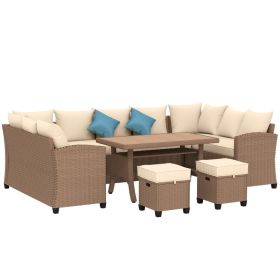 6 Piece Patio Furniture Set, PE Wicker Outdoor Furniture Conversation Set with 3 Sofas, 2 Ottomans and Slatted WPC Top Dining Table, All Weather