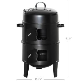 3-in-1 Vertical Charcoal BBQ Smoker Grill with 2 Cooking Areas and Thermometer (Option: Black)
