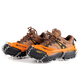 1 pair Outdoor ice claw anti slip shoe cover hiking shoe nail chain stainless steel anti slip snow climbing anti fall shoe nail chain (Color: Orange, size: 19 teeth-L)